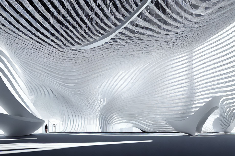 Futuristic interior with flowing white walls and ceiling patterns in wave-like design