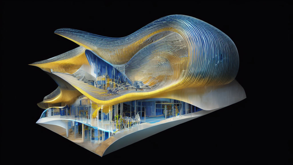 Architectural 3D model with fluid yellow and blue forms on black background