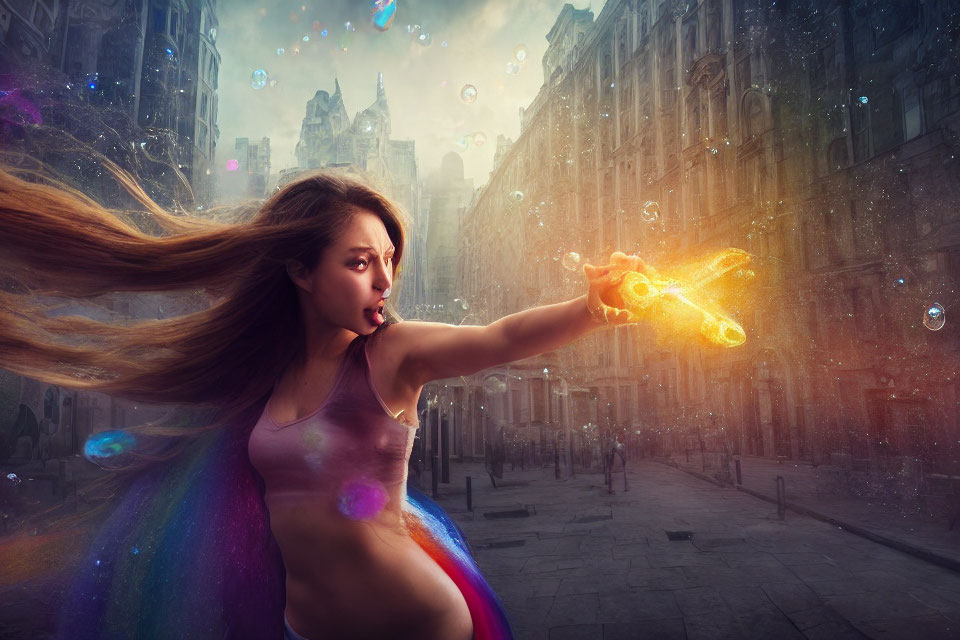 Woman casting magical spell in urban street with bubbles and futuristic buildings