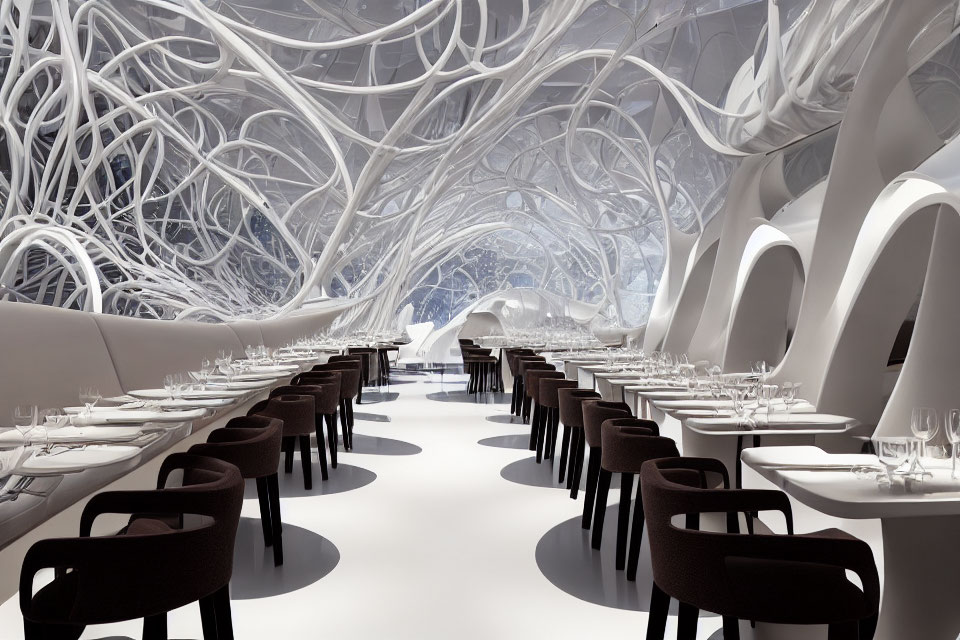 Modern restaurant interior with white branching structures, sleek dining tables, and dark chairs on glossy floor