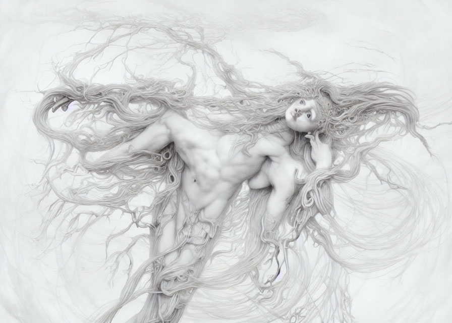 Monochromatic nude female figure merging with tree-like forms