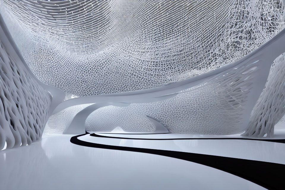 Futuristic white latticework canopy over black floor path