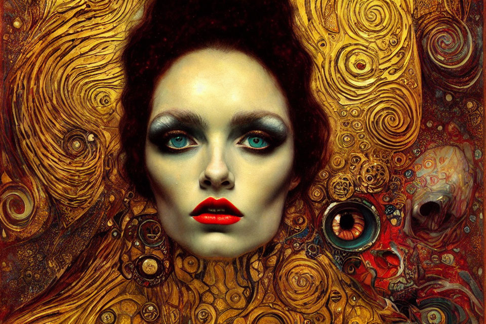 Striking makeup woman in surreal golden background