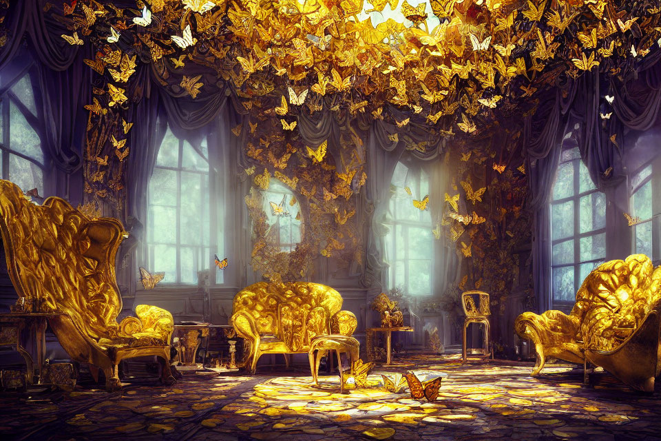 Golden Furniture and Butterflies in Luxurious Room