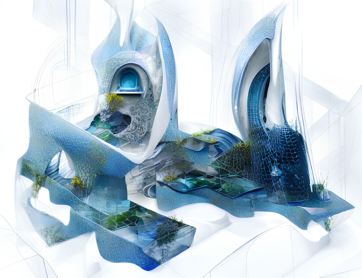 Futuristic architectural concept design with fluid structures, aquatic elements, organic textures, greenspaces, and