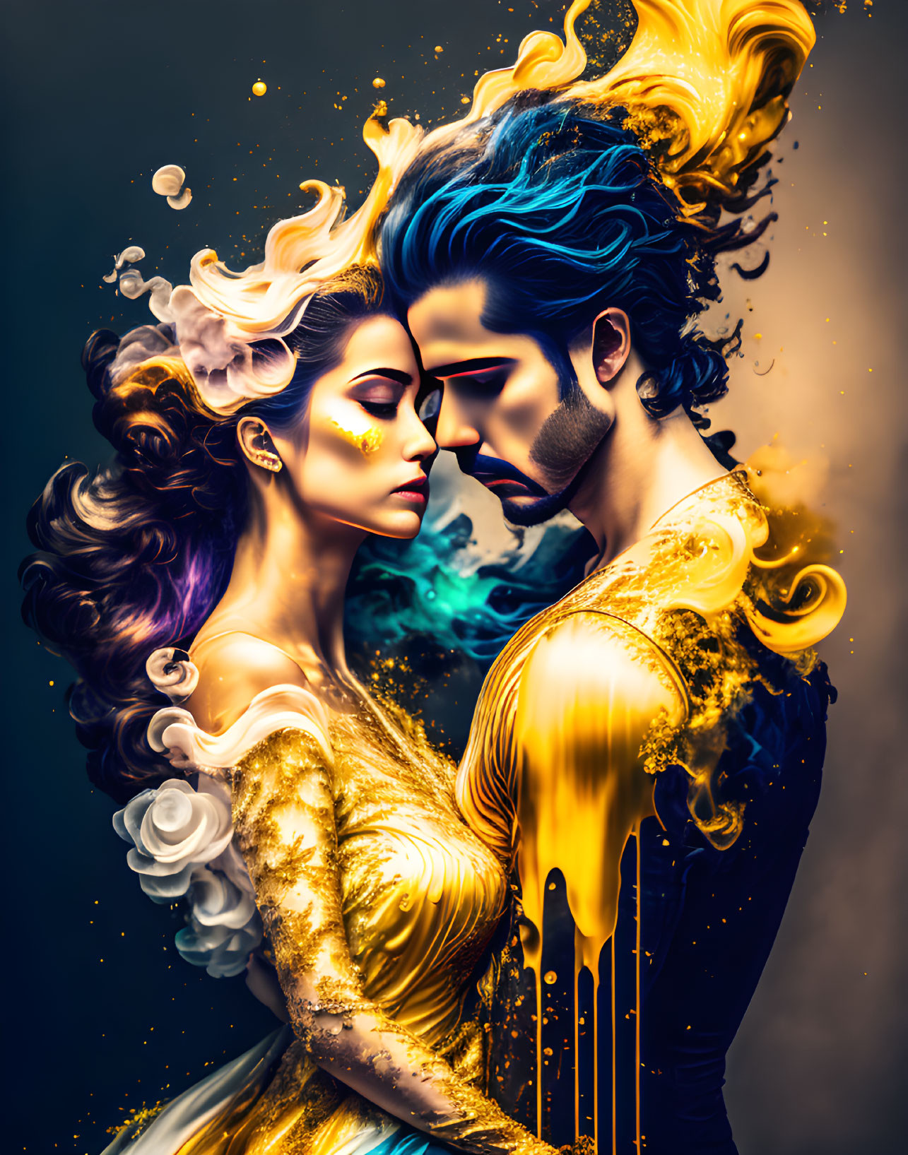 Vivid digital portrait of woman and man with gold and blue motifs