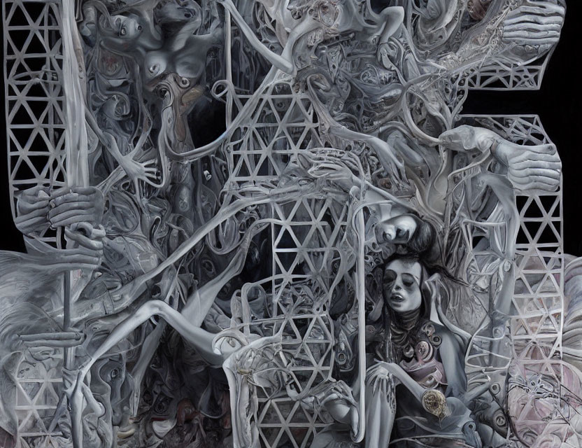 Surrealist monochrome painting with intertwined human forms and abstract shapes