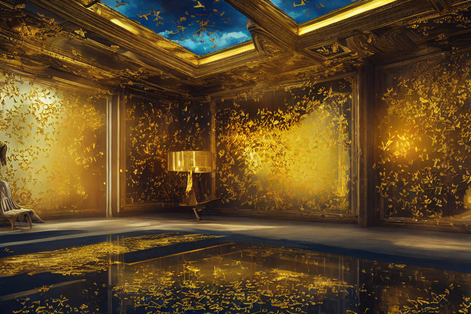 Luxurious room with golden leaves, starry ceiling, and ornate walls