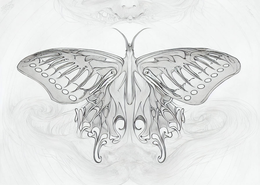 Symmetrical grayscale butterfly illustration with ornate wing patterns