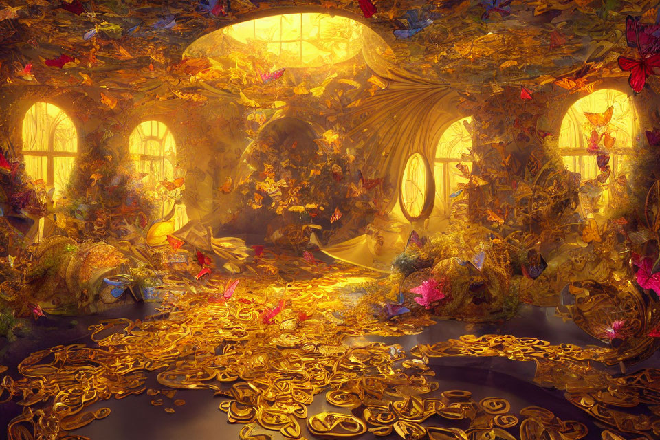 Vibrant autumn leaves, golden light, butterflies, and gold coins in enchanting scene