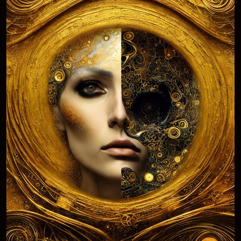 Surreal portrait of woman's face merged with golden mechanical gears