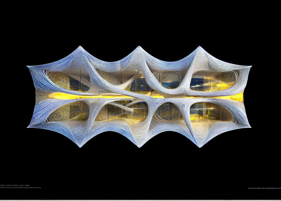 Symmetrical abstract architectural structure with wavy patterns and illuminated interiors