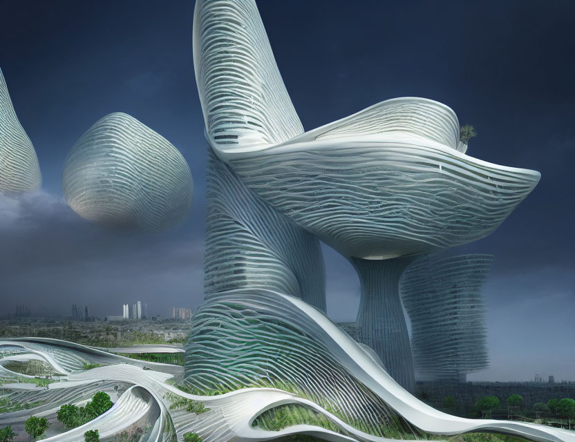 Interconnected Towers with Futuristic Organic Shapes in Landscaped Gardens