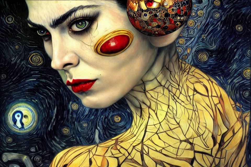 Surreal portrait of woman with cracked golden skin and third eye, set against 'Starry Night