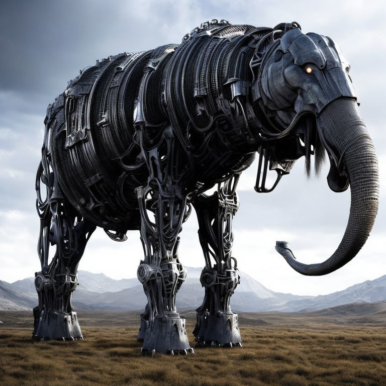 Intricate mechanized elephant sculpture in barren landscape