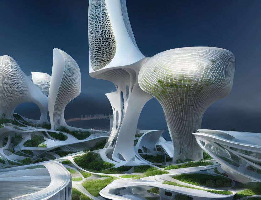 Futuristic cityscape with white organic structures and greenery under dramatic sky