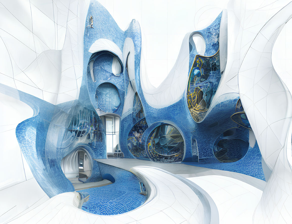 Modern interior design with white and blue shapes, organic structures, and circular windows showing outer space.