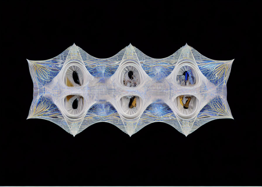 Symmetrical intricate digital art: Bat-like shape, fine lines, keyhole shapes, figures, black