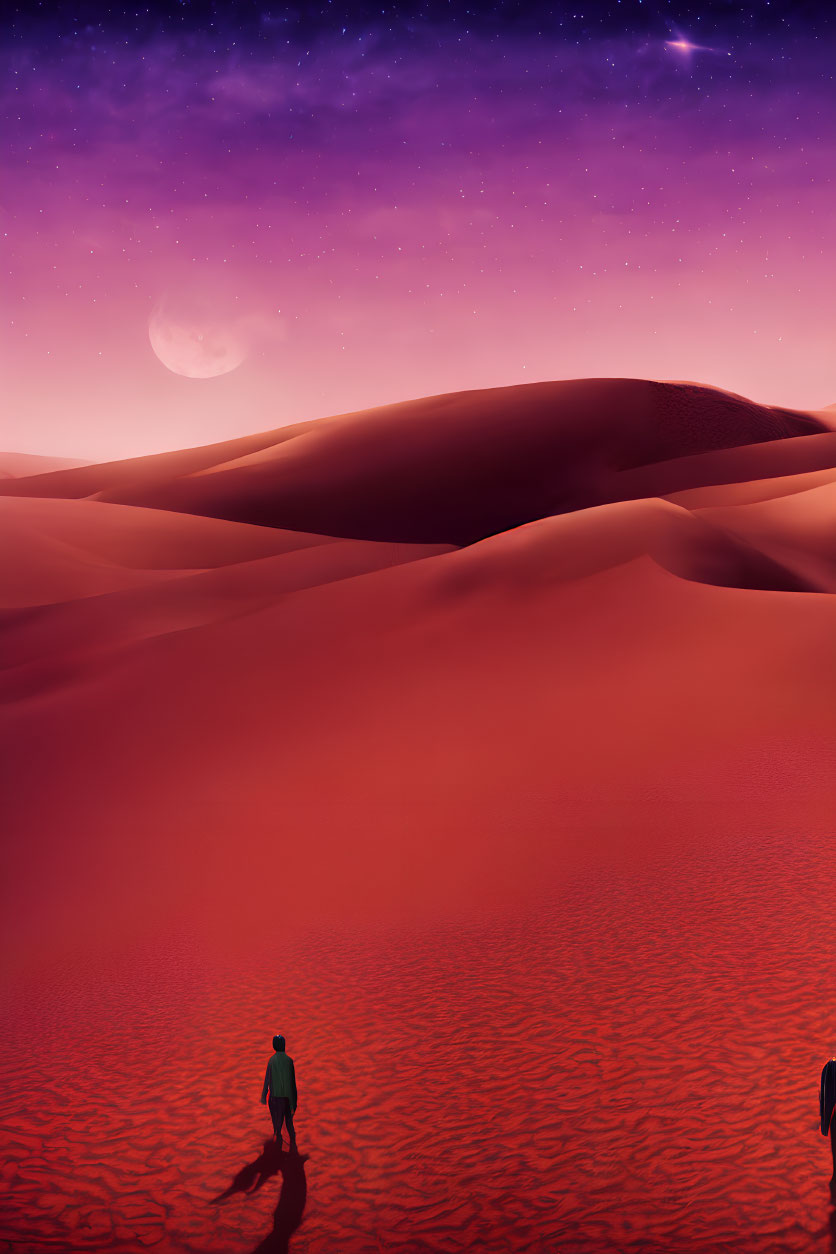 Person walking in vast red desert under starry night sky