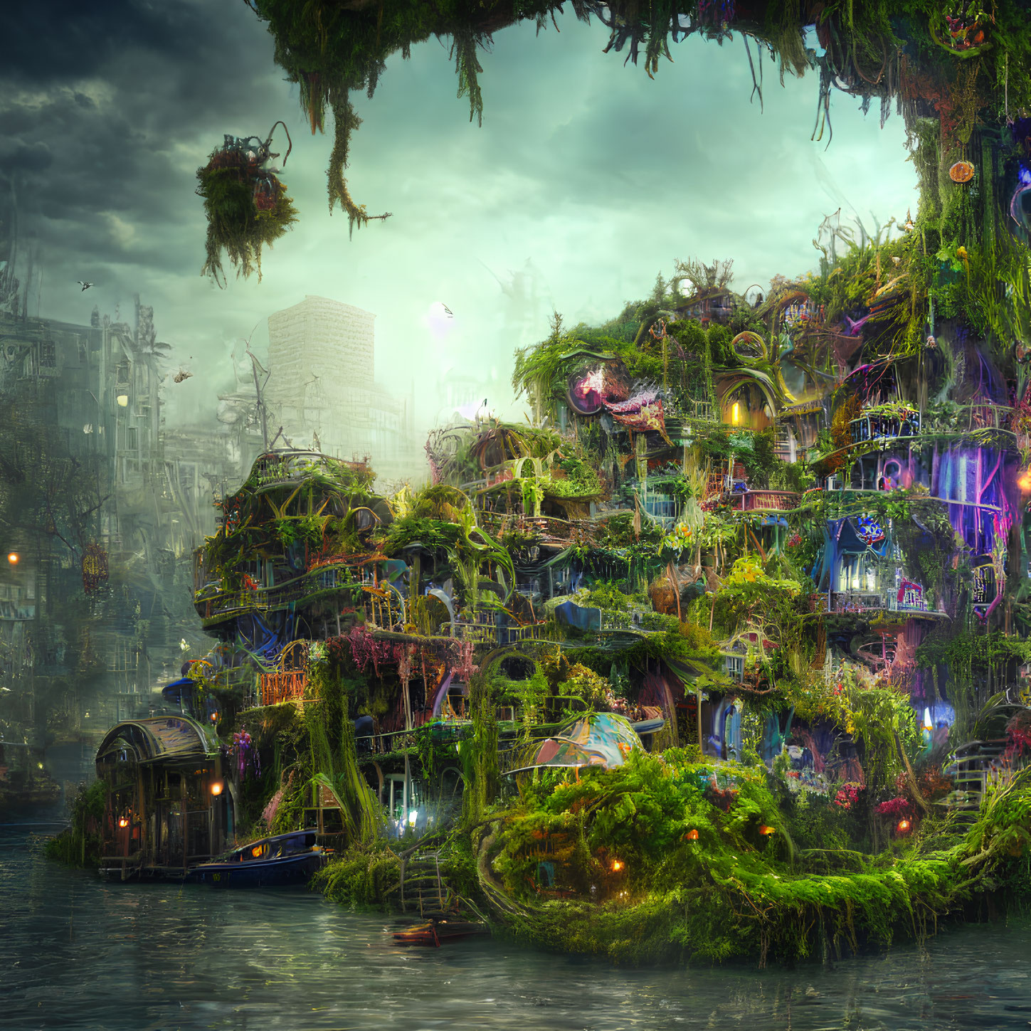 Futuristic overgrown cityscape with neon lights and hanging gardens