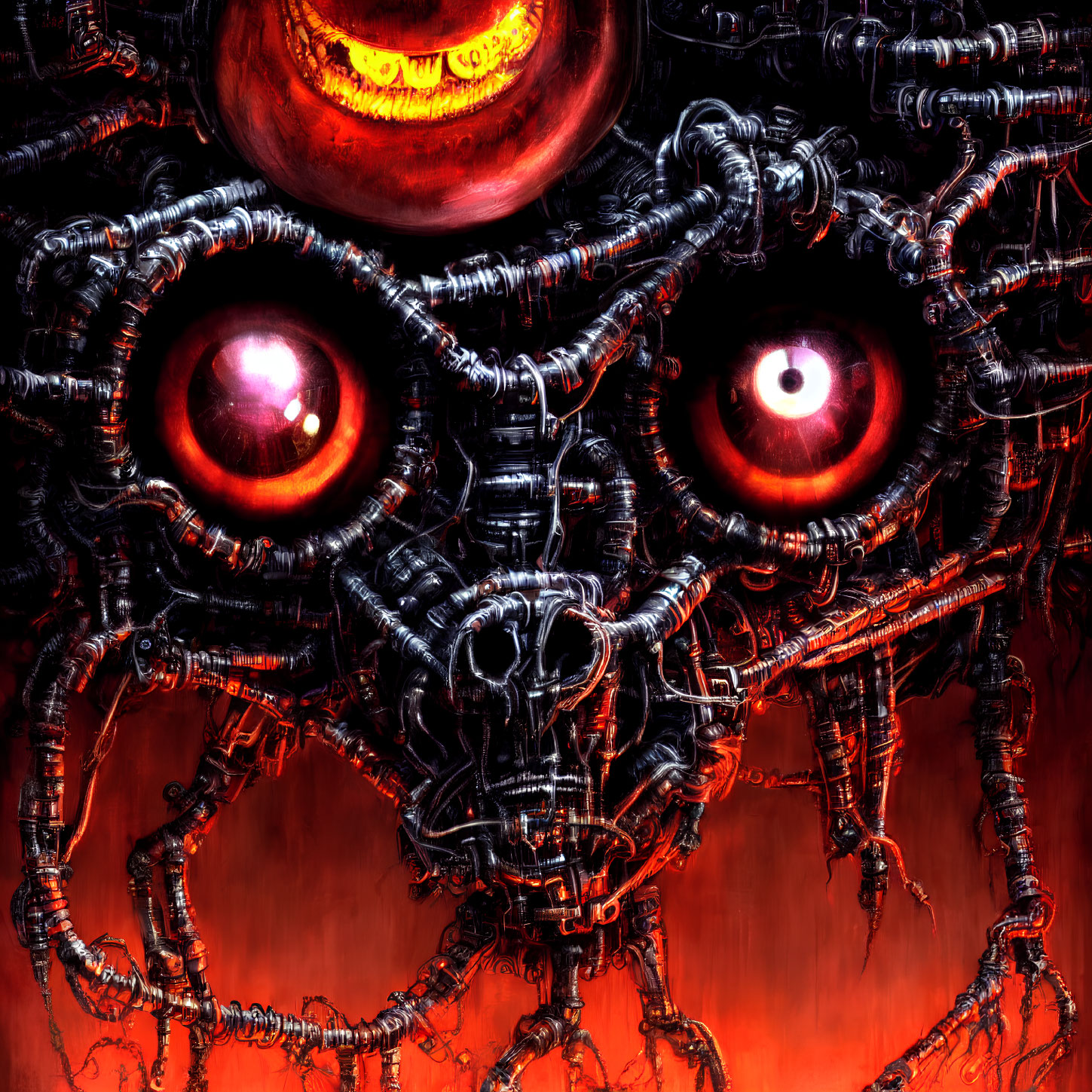 Illustration of Machine with Glowing Red Eyes and Cables on Fiery Background