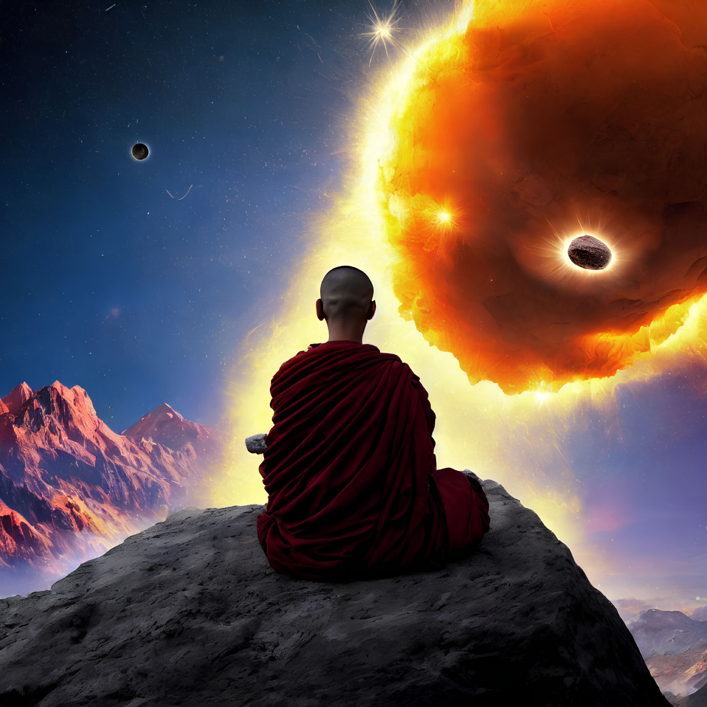 Red-robed monk meditates on surreal mountain sky with supernova, black hole, planets.