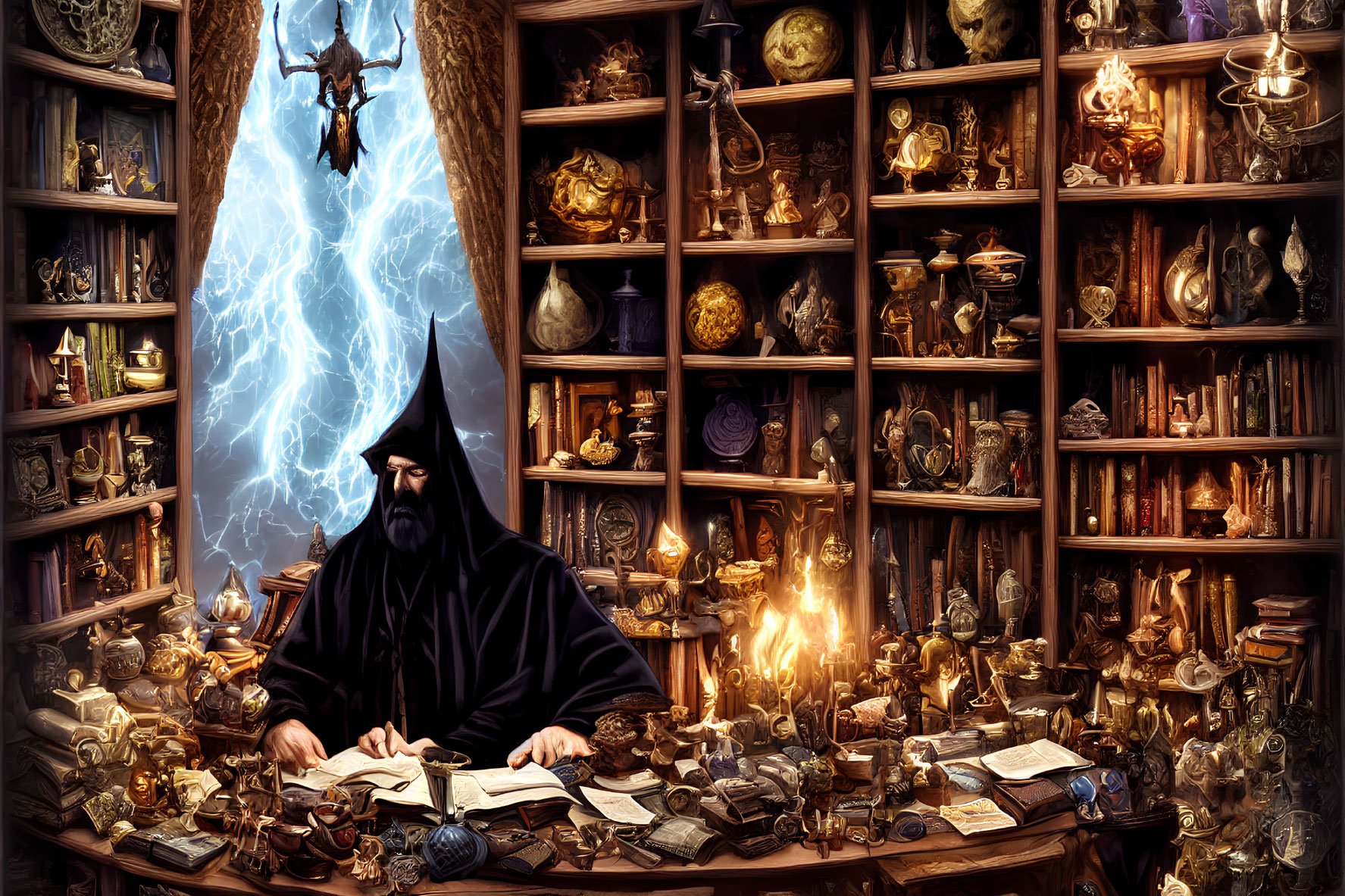 Hooded wizard studying ancient tomes in mystical library