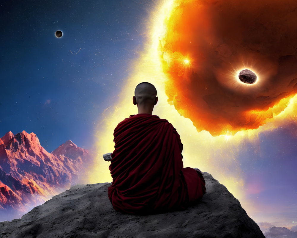 Red-robed monk meditates on surreal mountain sky with supernova, black hole, planets.