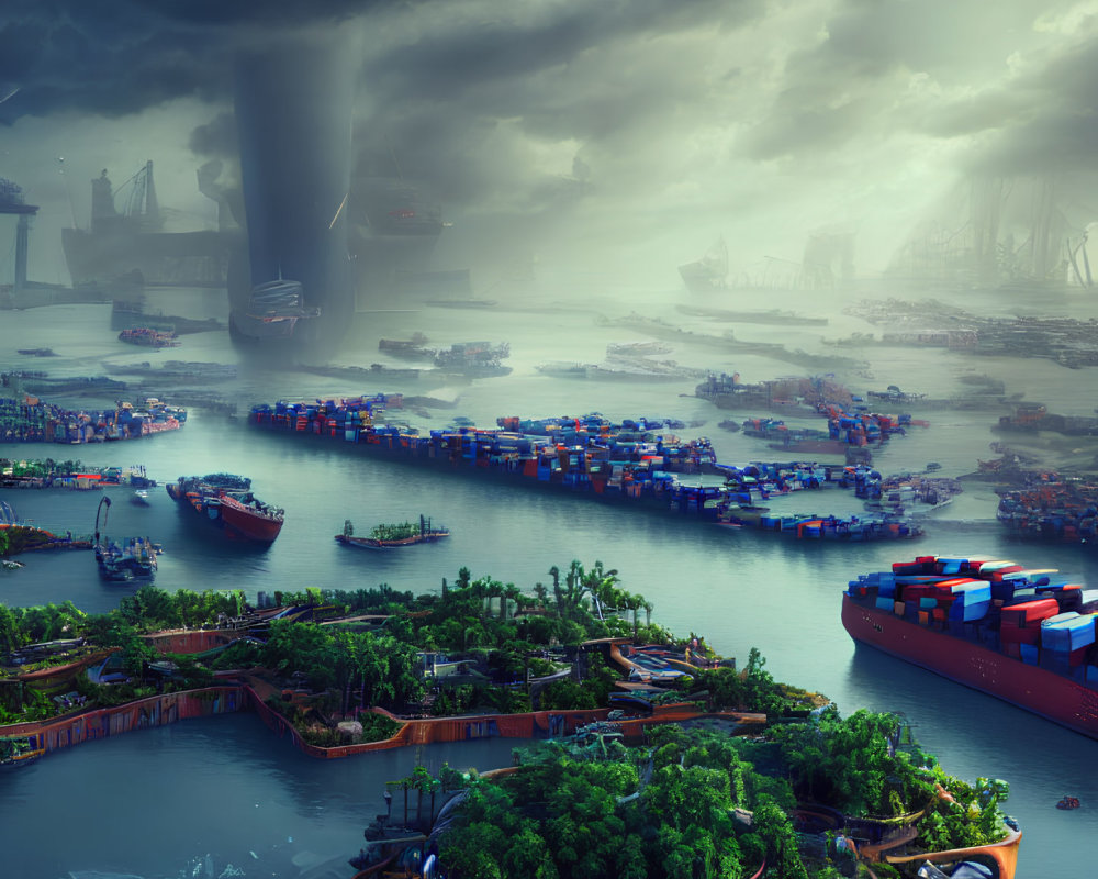 Dystopian port with cargo ships, derelict buildings, green islands, and tornado