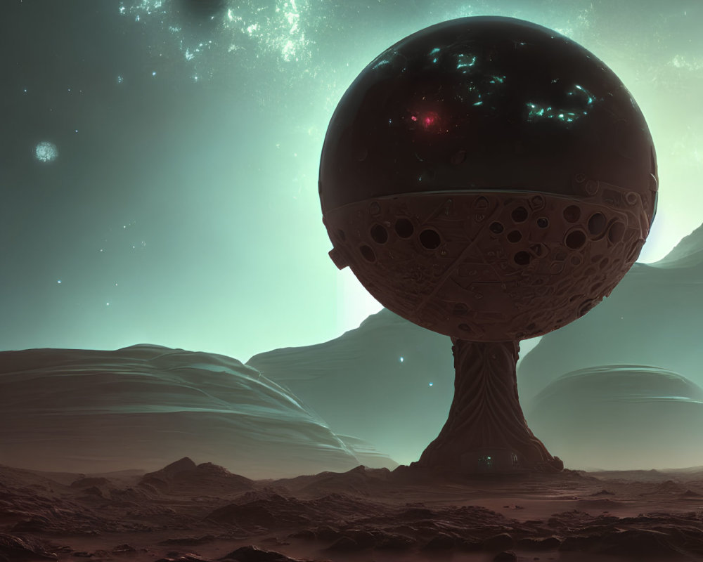 Futuristic spherical structure on barren alien landscape