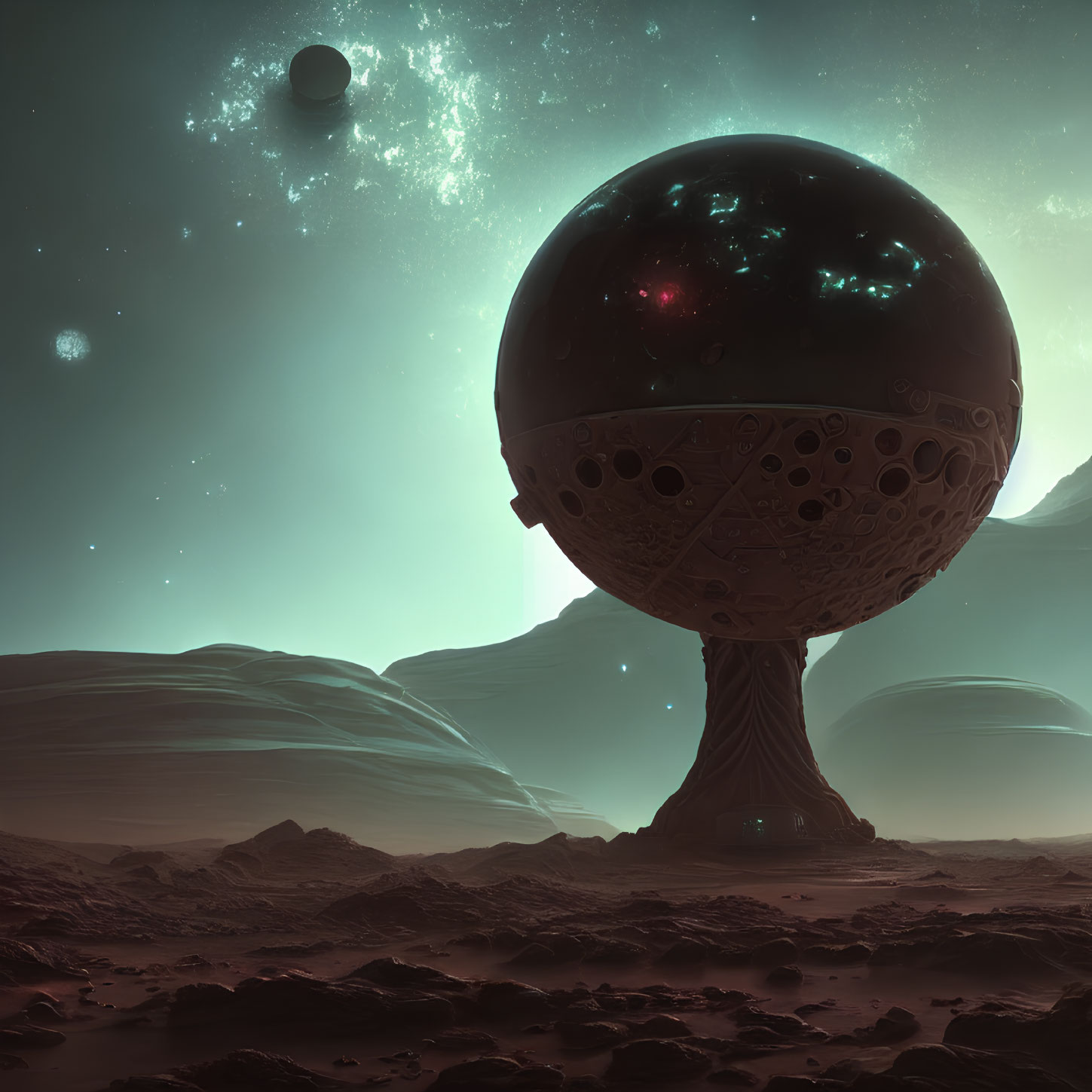 Futuristic spherical structure on barren alien landscape