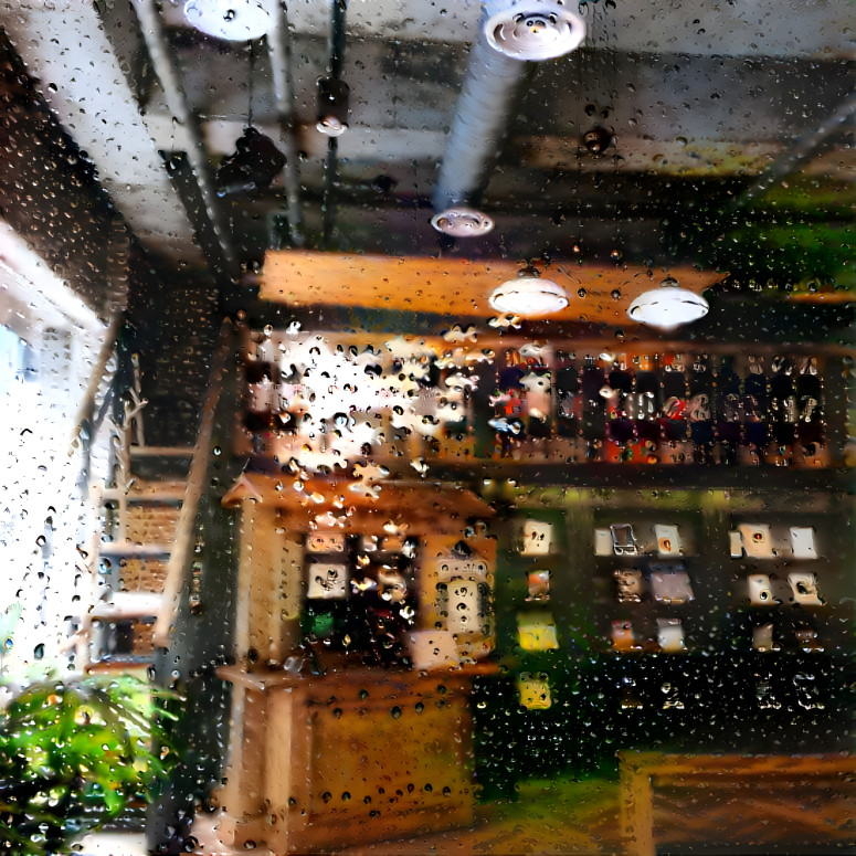 rainy window outside of a bookshop