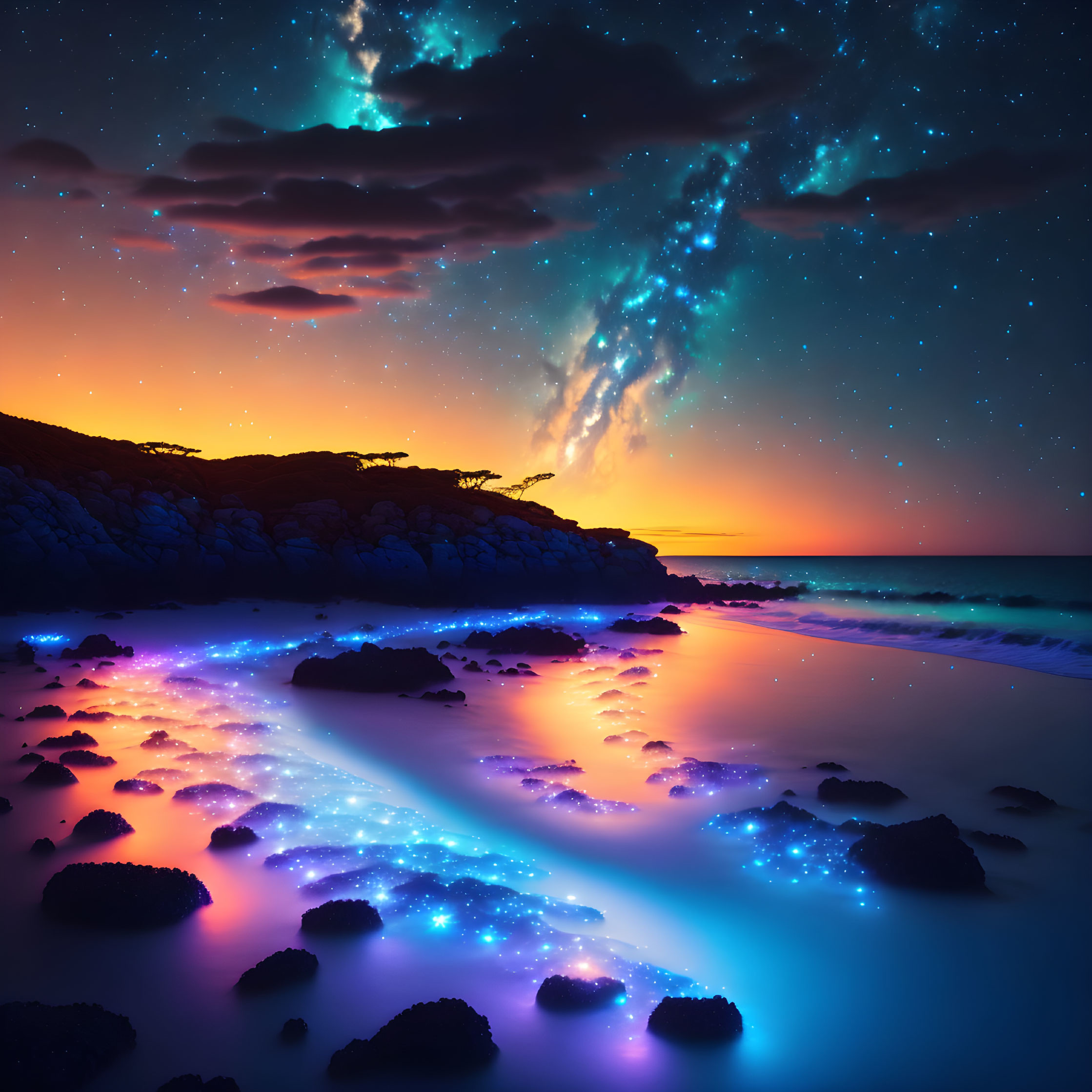 Beach nightscape with bioluminescence under starry sky