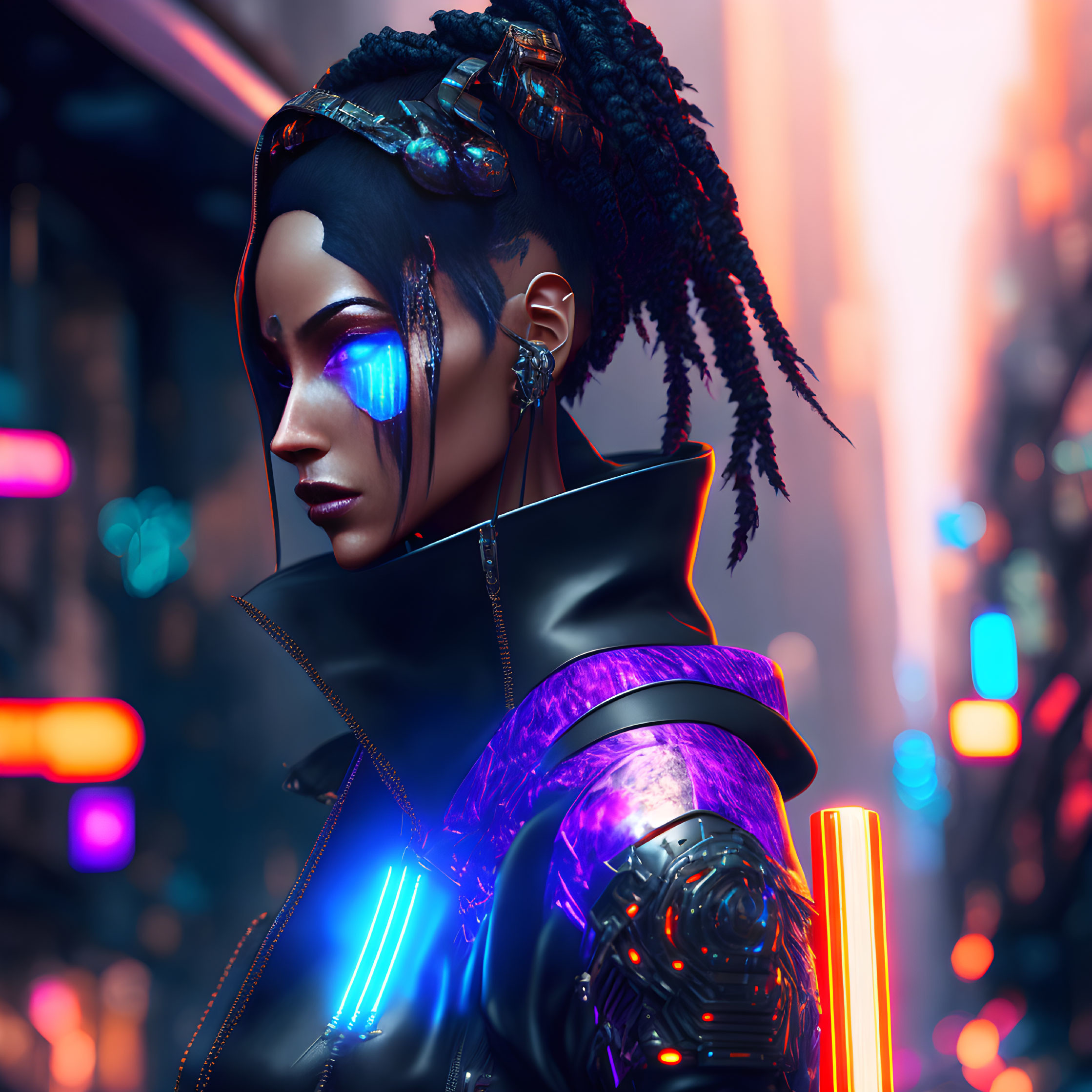 Cybernetic Arm Woman with Neon Face Paint in Cityscape