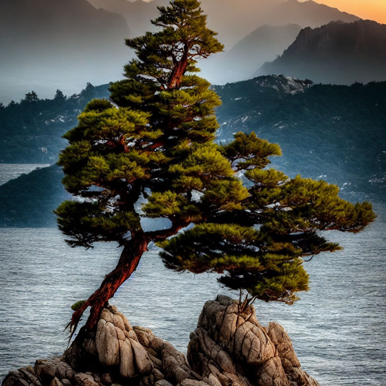 Lone pine tree on rocky outcrop in misty mountain sunset