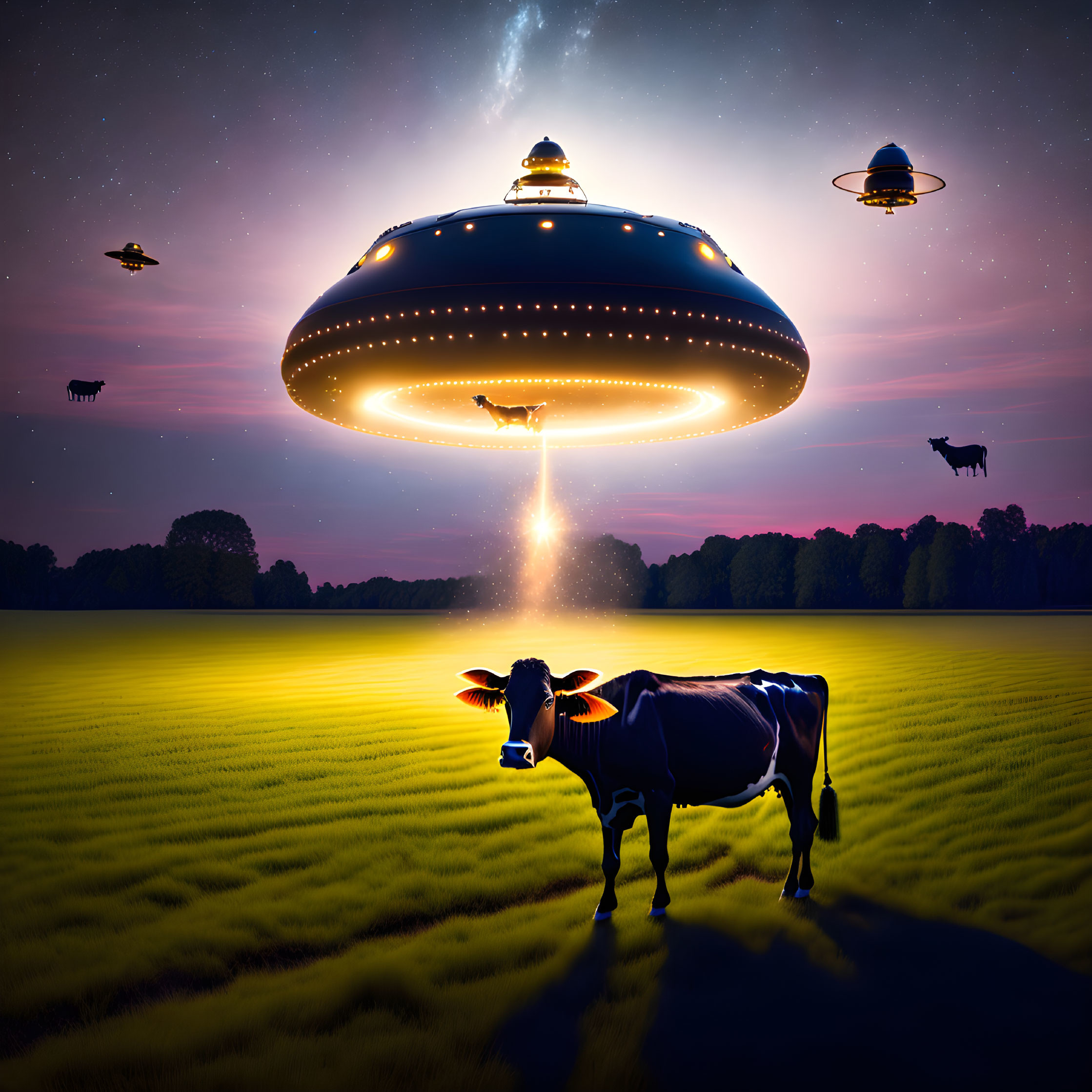 Cow in field at twilight under large UFO with beams of light, smaller UFOs and floating cow in