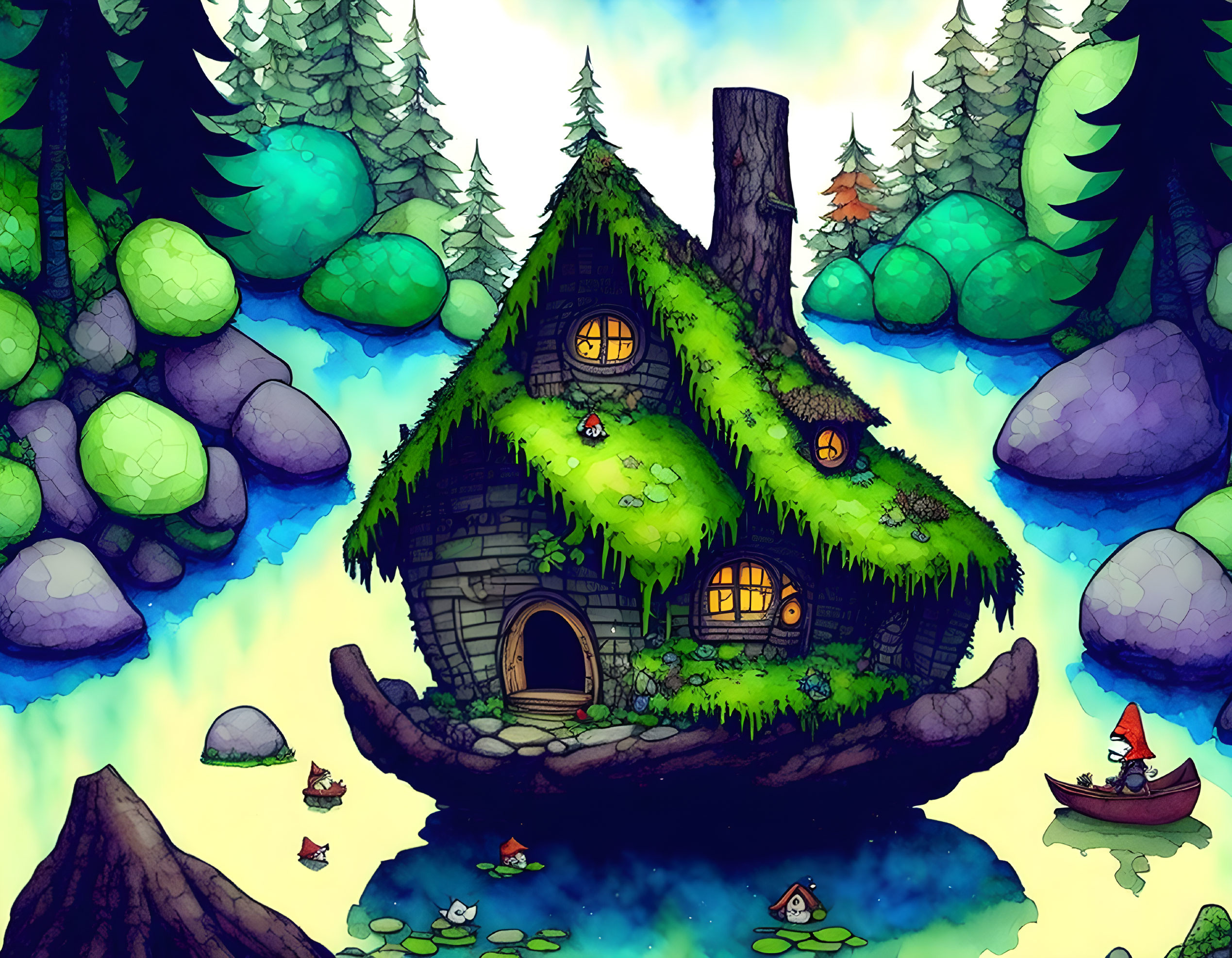 Enchanting forest scene with treehouse, round windows, wooden door, moss-covered surfaces, and