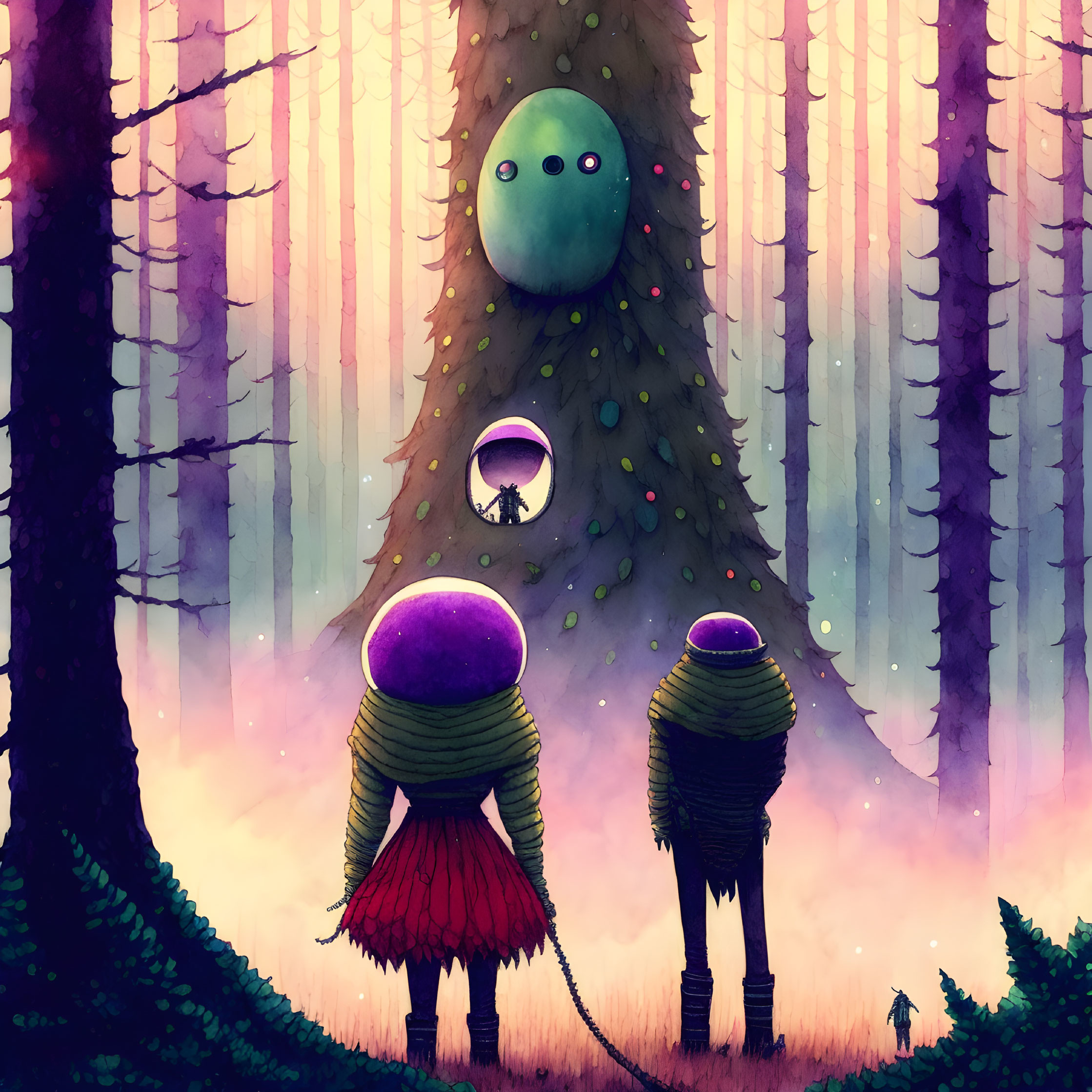 Stylized characters and camouflaged creature in mystical forest at twilight