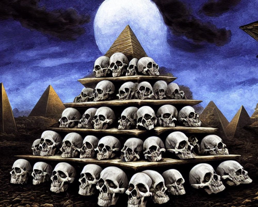 Human Skull Pyramid Against Egyptian Pyramids at Night