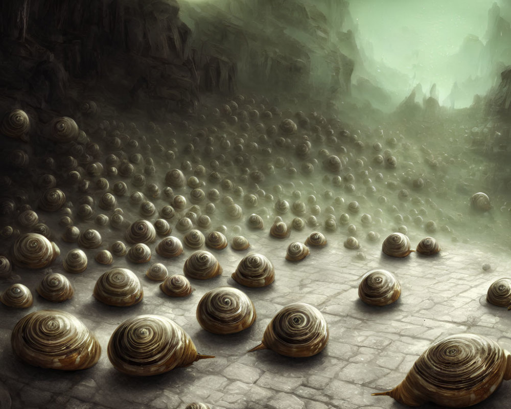 Fantasy landscape with large snails on rocky terrain under greenish sky