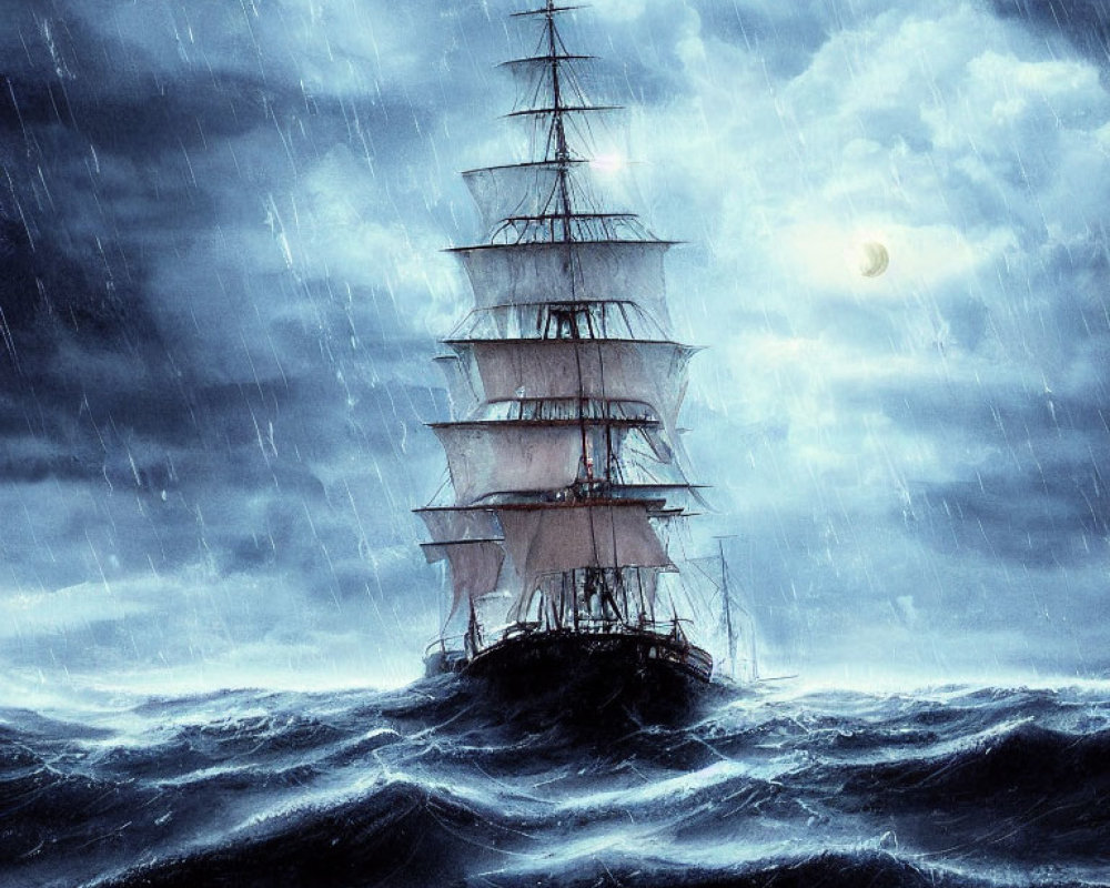 Vintage sailing ship battles stormy seas with billowing sails