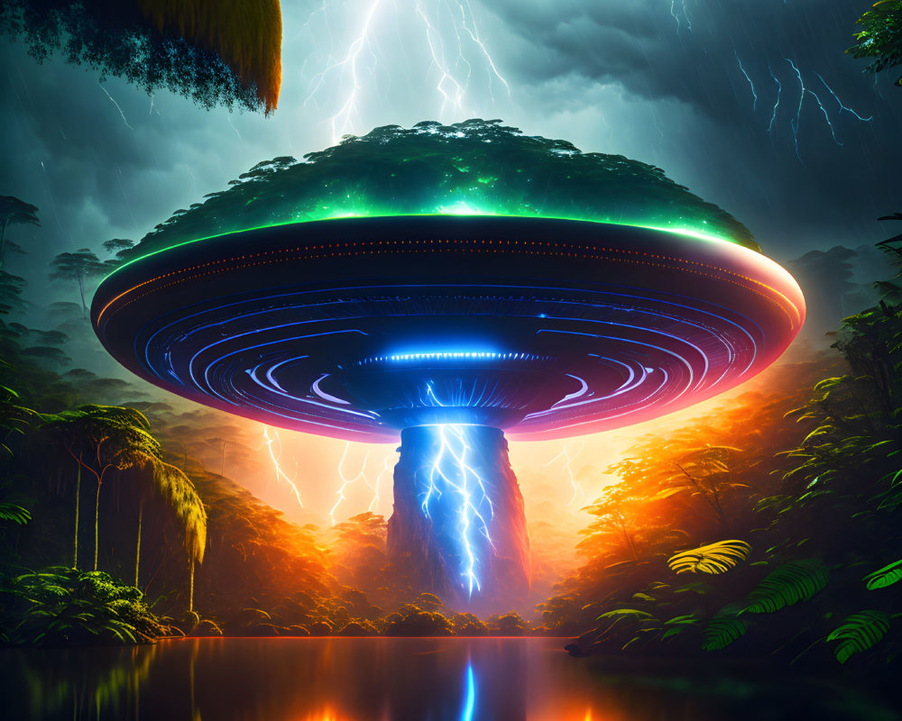 Glowing UFO over misty jungle with lightning reflection on water