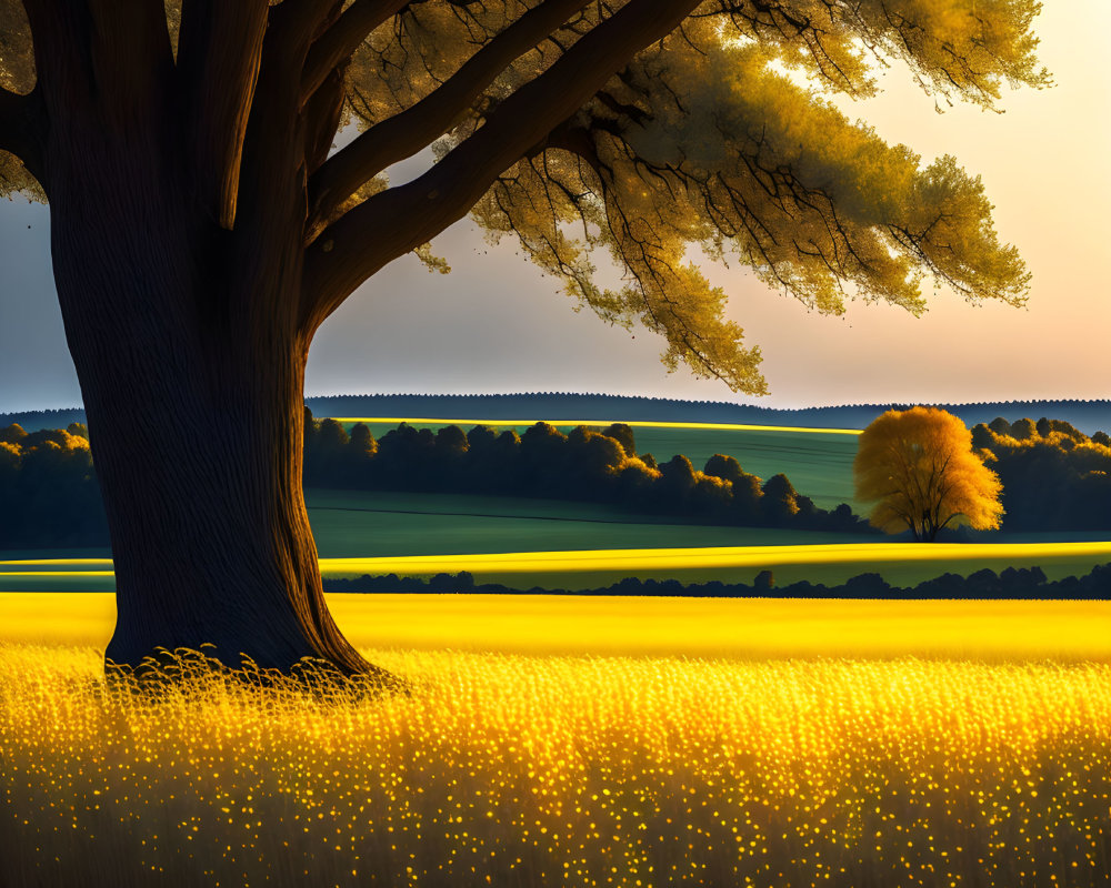 Majestic tree in golden field under warm sky