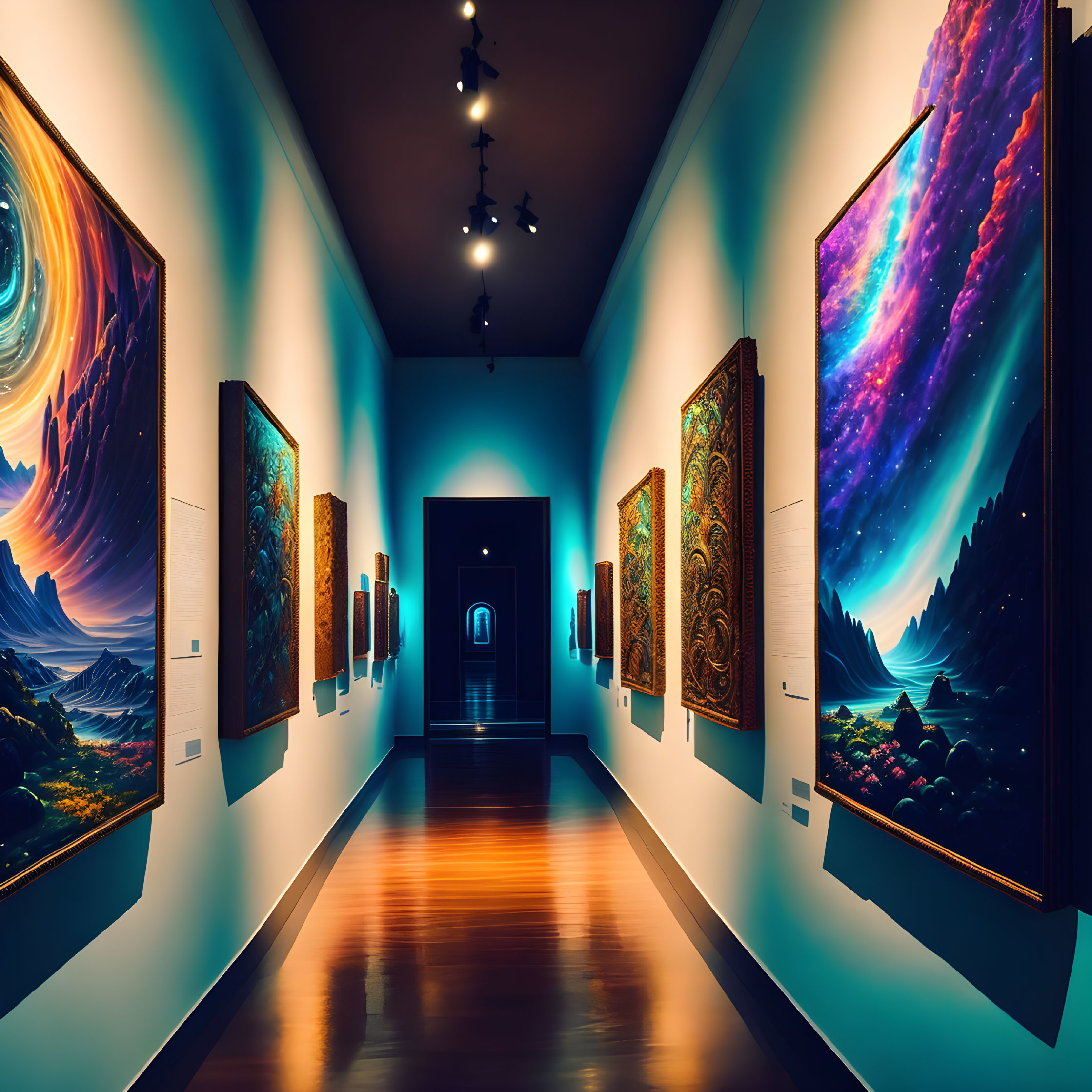 Colorful illuminated paintings in vibrant art gallery interior