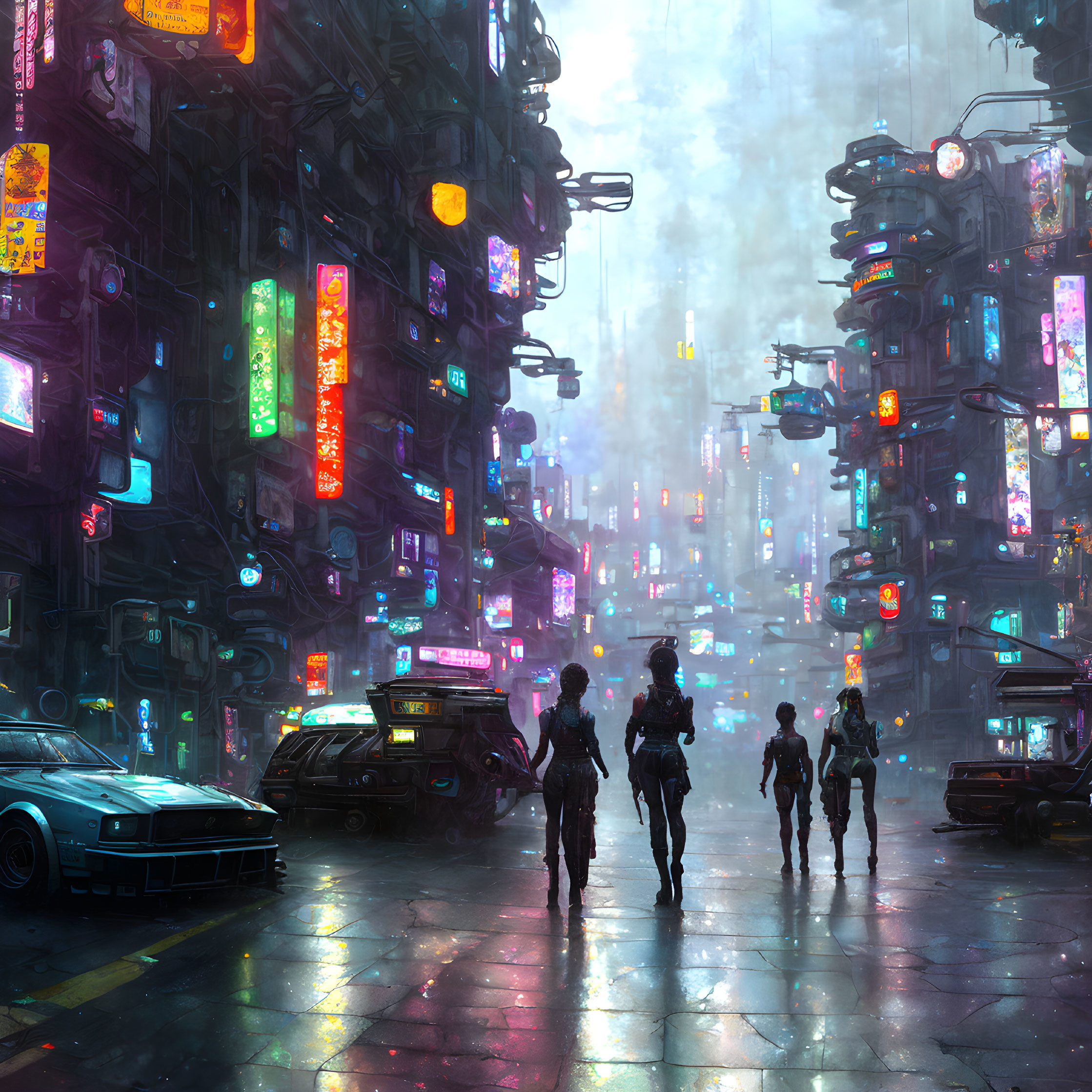 Group of people in neon-lit cyberpunk cityscape with towering buildings