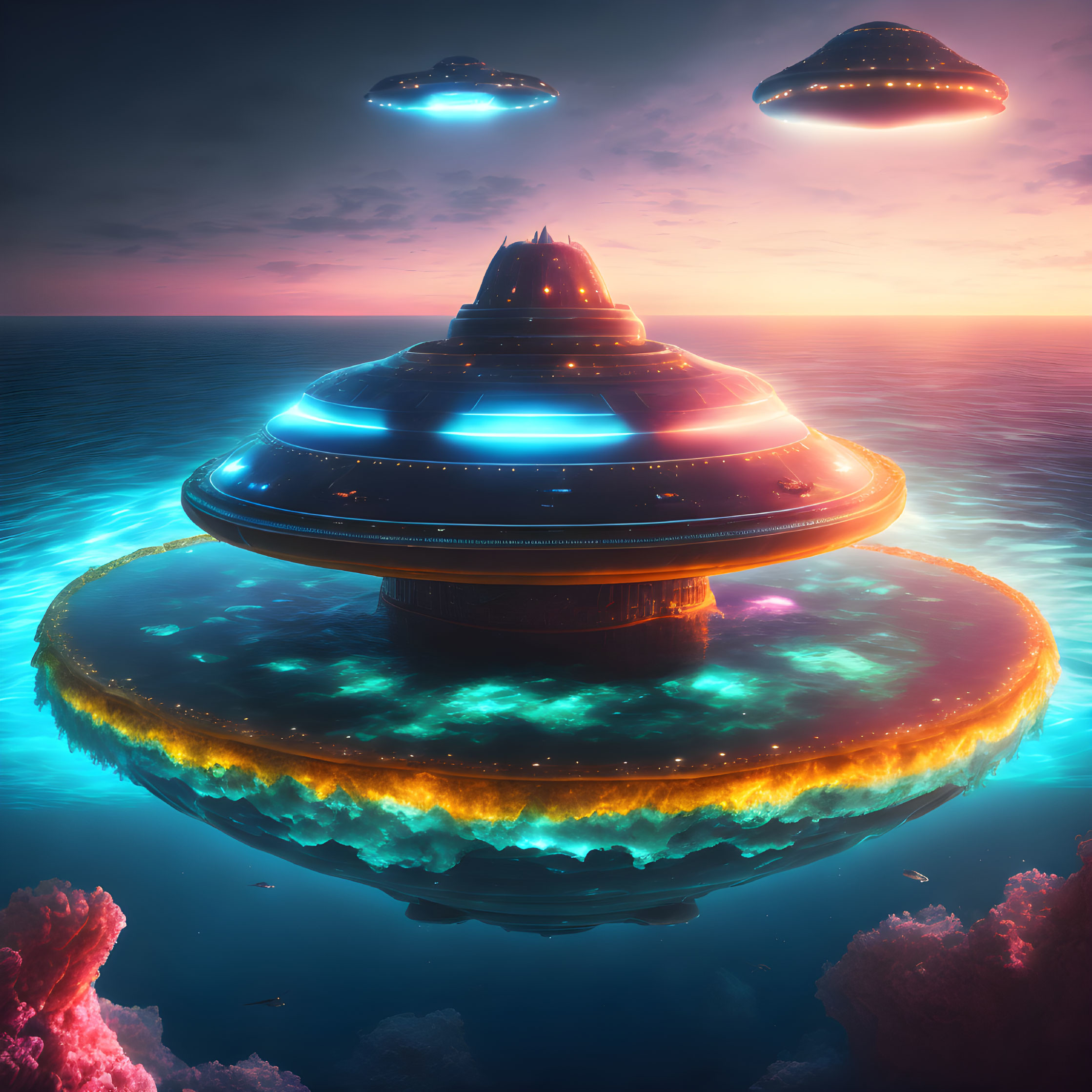 Futuristic UFOs over glowing sea with one landing on floating island