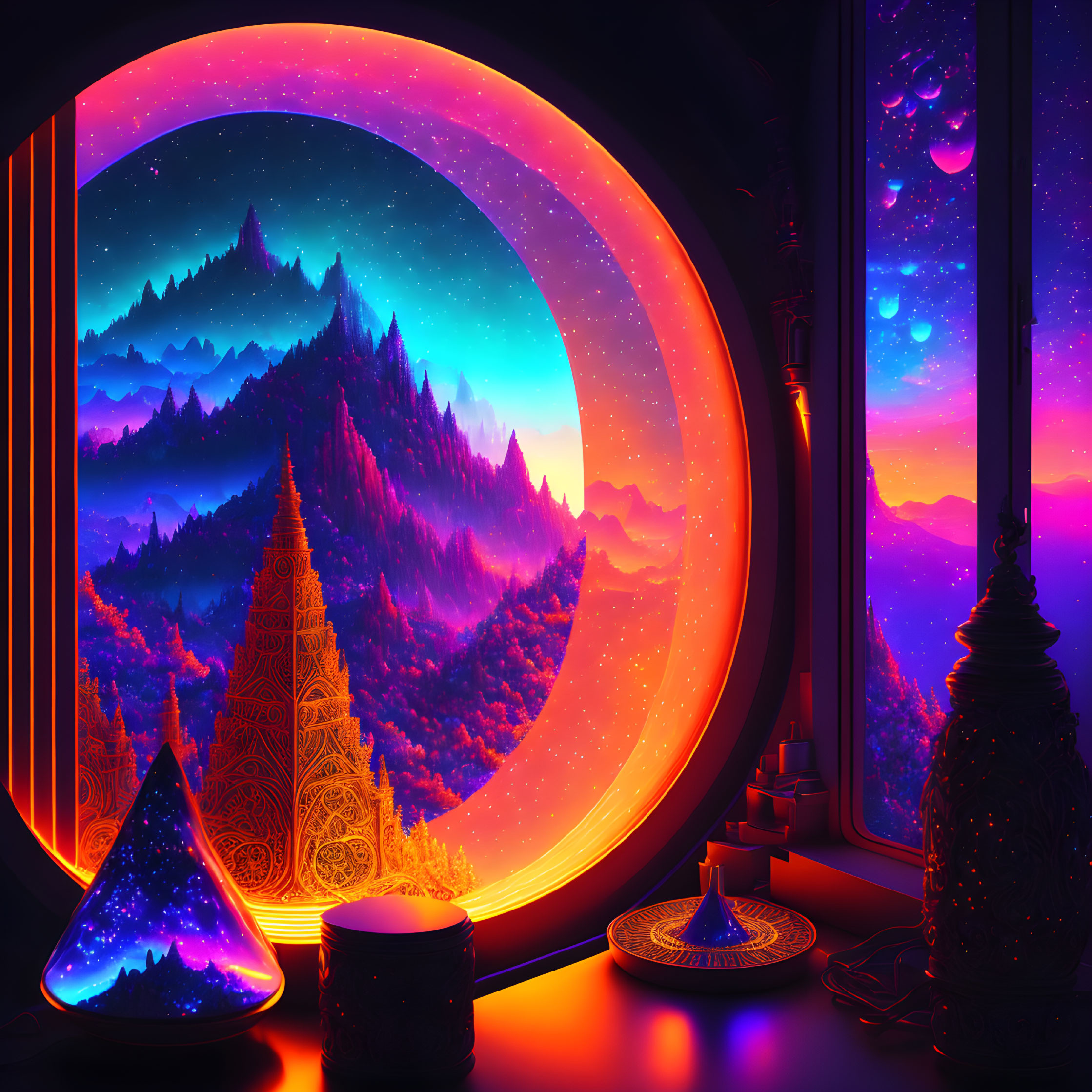 Colorful Neon-Lit Room with Circular Window Showing Fantastical Landscape