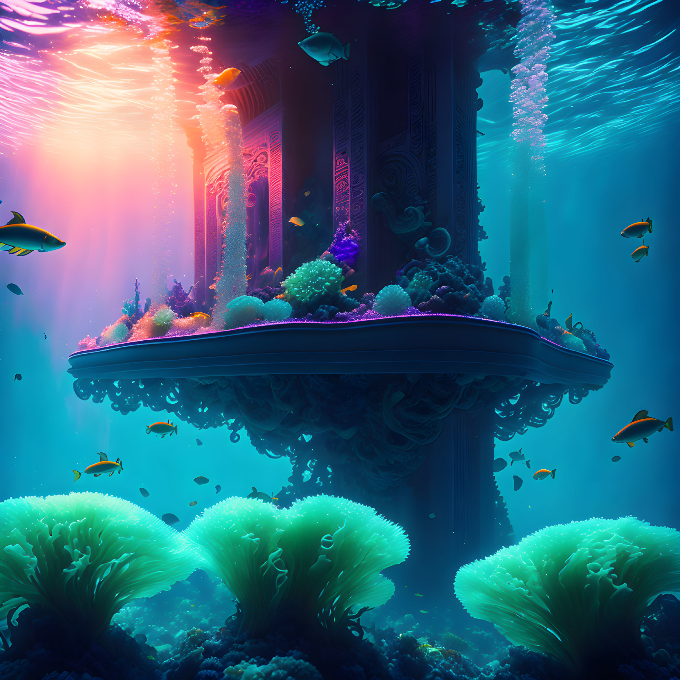 Vibrant coral and fish in underwater scene with illuminated classical structure