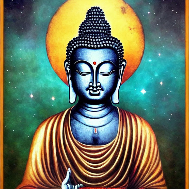 Colorful Buddha illustration with serene expression, blue skin, golden robe, starry background