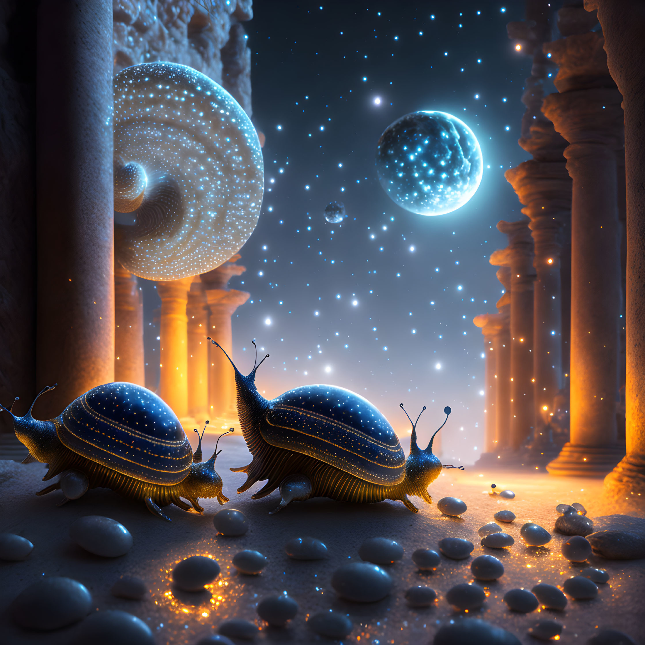 Glowing snails with starry shells in cosmic setting with ancient pillars